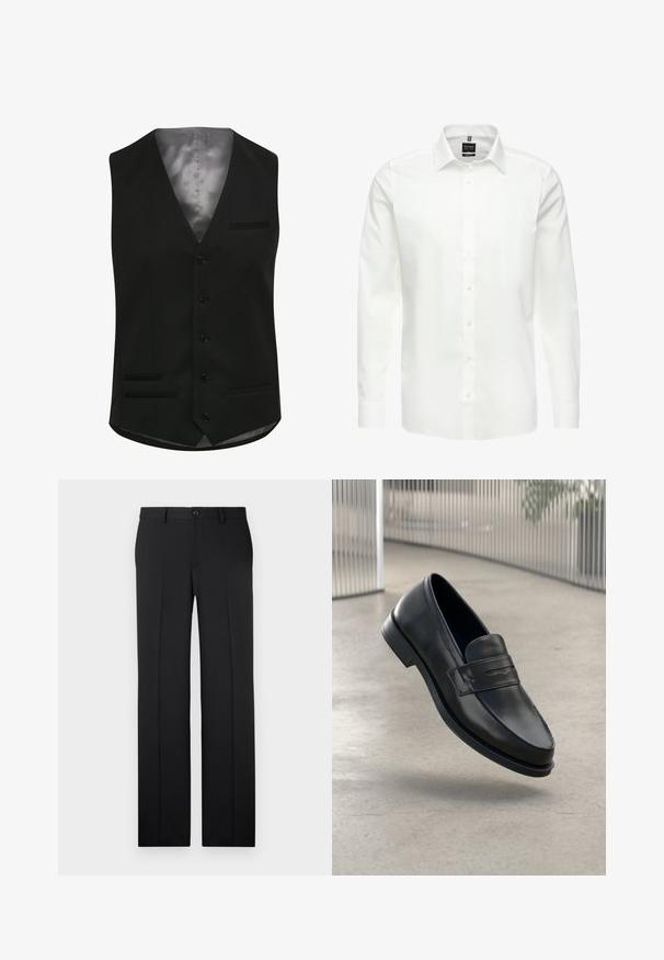 Zwarte vest met een gladde satijnen voering, voorzien van zes knopen, twee voorzakken en een V-halsontwerp. Tailored pasvorm met een klassieke fit.; Witte overhemd met lange mouwen, knopen aan de voorkant, klassieke kraag, gladde katoen stof, lichtgewicht, met subtiele stiksels en zonder patronen.; Zwarte, op maat gemaakte broek met een rechte pijp, zachte stof, voorvouwen en een enkele knoopsluiting in de taille.; Zwarte leren loafer met een gladde textuur, spitse neus en een decoratieve band over de wreef. Lichtgewicht zool, minimalistisch ontwerp.
