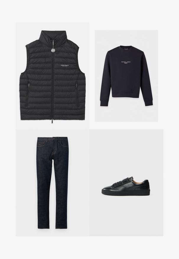 Must must vest kõrge krae, ees lukk, kaks külgset lukuga taskut ja rinna peal logo, millel on horisontaalne tikand.; Must pika varrukaga ümar-kaelusega dressipluus valge "EMPORIO ARMANI MILANO" tekstiga rindkere keskosas.; Tumedat sinised denim-teksa püksid otse lõikega, nupuga kinnituse, viie tasku ja oranži õmblusdetailiga.; Musthave nahkast kingad sujuva tekstuuriga, ümara toe jastringsidega sulgemisega. Omab paksu kummist tallat ja minimaalset brändi detaili.