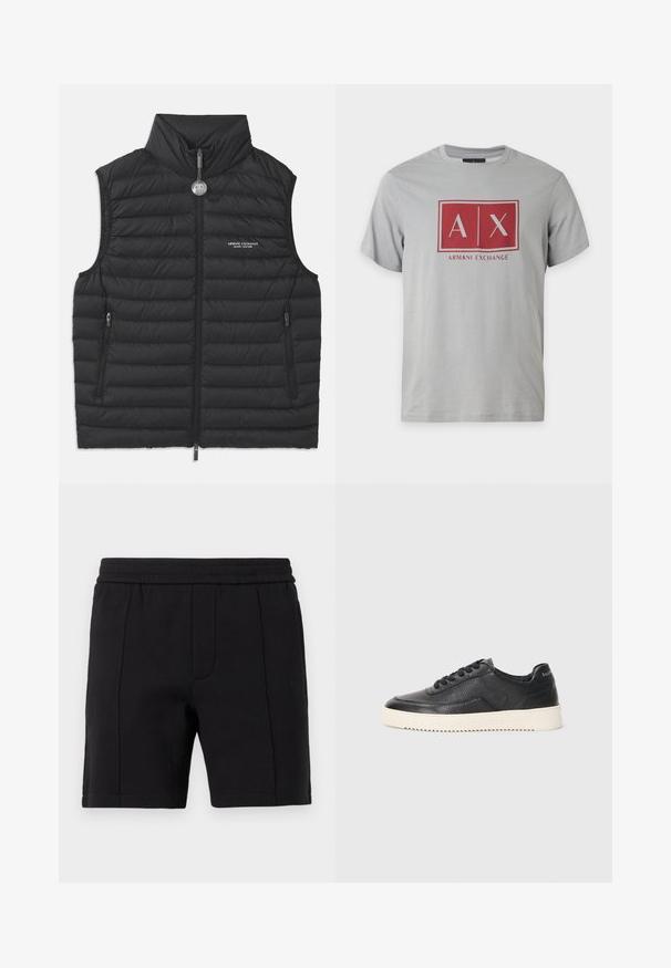 Must must vest kõrge krae, ees lukk, kaks külgset lukuga taskut ja rinna peal logo, millel on horisontaalne tikand.; Helehall lühikeste varrukatega T-särk punase ristkülikukujulise logoga, kus on tähed A ja X ning allpool tekst "Armani Exchange".; Mustad põlveni ulatuvad lühikesed püksid elastse vöökohaga ja vertikaalsete õmblustega ees.; Must be a black leather sneaks, millelööb, ümar ninaga ja lame valge kummitald. Omab musti paelu ja brändingut kanna peal.