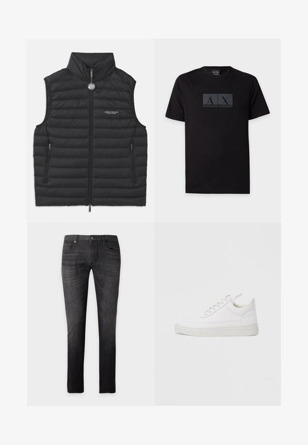Gilet noir rembourré avec un col haut, fermeture éclair sur le devant, deux poches zippées sur les côtés et un logo sur la poitrine, présentant un matelassage horizontal.; T-shirt noir à manches courtes Armani Exchange avec les lettres A et X dans des carrés gris foncé et le texte "Armani Exchange" sous le logo.; Jean slim noir en denim avec cinq poches et fermeture par boutons, présenté à plat sur un fond clair.; Baskets en cuir blanc avec un embout arrondi, une semelle plate et un laçage à l'avant. Présentent des détails de couture et un col rembourré pour plus de confort.