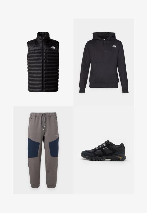 Chaleco negro acolchado con cuello alto, cremallera de longitud completa y bolsillo en el pecho con cremallera. Presenta un patrón acolchado y el logo de The North Face.; Sudadera con capucha negra hecha de tela suave, con un bolsillo tipo canguro en la parte delantera, capucha con cordón y un logo blanco en el pecho.; Pantalones jogger grises con paneles azul marino en las rodillas, cintura elástica, cordón ajustable, bolsillos con cremallera y logo de Columbia en el muslo superior.; Zapato exterior negro hecho de ante y malla con una suela robusta. Presenta acentos grises y la marca Vibram en el costado. Diseño con cordones.