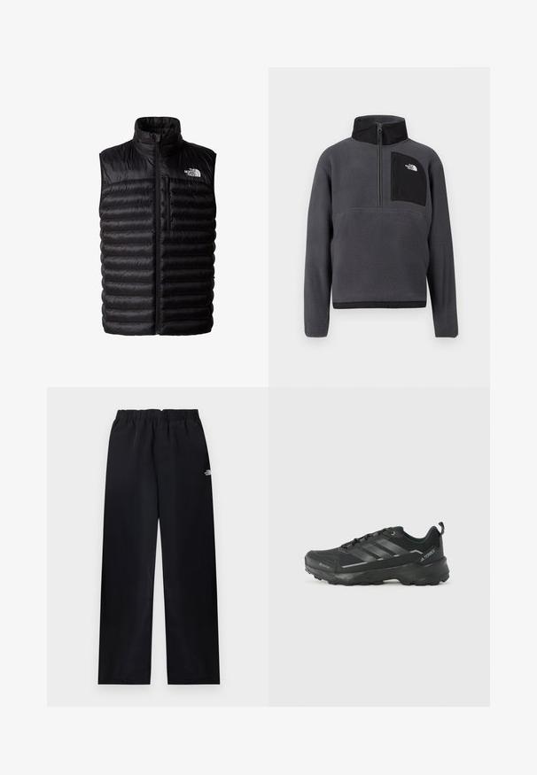Sort puffy vest med høj krave, fuld længde lynlås og lynlåslomme på brystet. Har quiltet mønster og The North Face logo.; Mørkegrå fleece-pullover med høj krave, halvlængde lynlås foran og sort lynlåslomme på brystet med hvidt logo på højre side.; Sorte bukser med elastik i taljen og lige ben, med lille hvidt logo på øverste højre lår, vist fladt på lys baggrund.; Sorte atletiske sko med en tekstureret stofoverdel, tre sølvstriber, forstærket tå og en robust gummisål til godt greb.