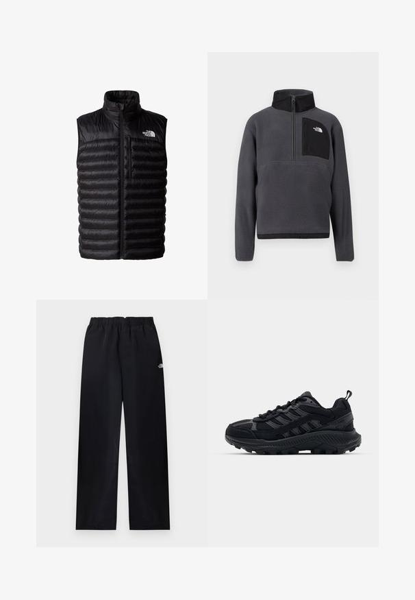 Zwarte poofy vest met hoge kraag, volledige ritssluiting en ritszak op de borst. Heeft een gewatteerd patroon en het logo van The North Face.; Donkergrijze fleece trui met hoge kraag, halve ritssluiting aan de voorkant en een zwart ritssluiting borstzakje met wit logo aan de rechterkant.; Zwarte broek met rechte pijpen en elastische taille, met een klein wit logo op de bovenste rechterdij, plat uitgestald op een lichte achtergrond.; Zwarte sportieve schoenen met een textuur van gaas en een bovenwerk van suede, verstevigde neus en robuute buitenzool. Voorzien van vetersluiting en aantrekhaak.