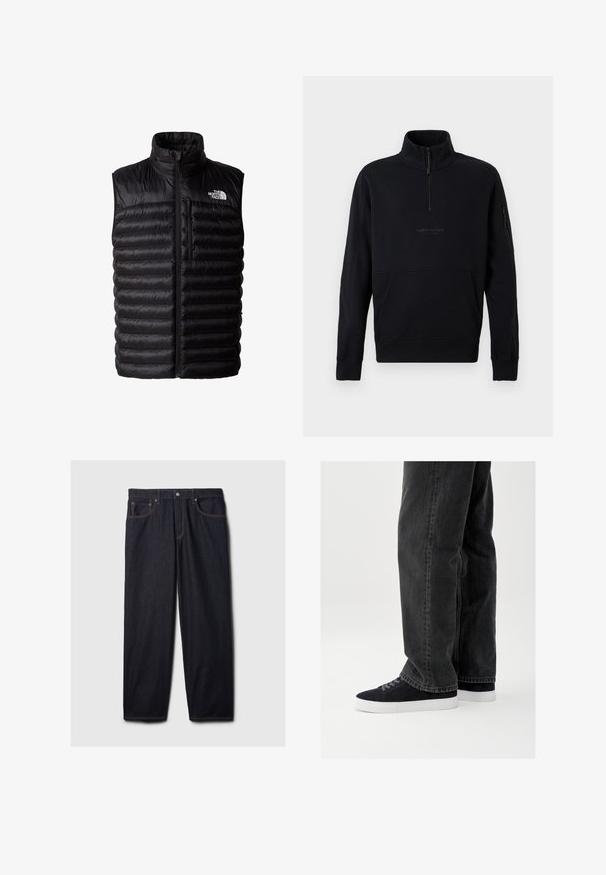 Chaleco negro acolchado con cuello alto, cremallera de longitud completa y bolsillo en el pecho con cremallera. Presenta un patrón acolchado y el logo de The North Face.; Sudadera negra con cremallera hasta el pecho, cuello alto, mangas largas, bolsillo frontal tipo canguro y bolsillo con cremallera en el brazo izquierdo.; Vaqueros de mezclilla oscura con corte recto, que cuentan con un cierre de botón y cremallera, dos bolsillos frontales y costuras naranjas en contraste.; Jeans de mezclilla negra con un corte holgado, combinados con zapatillas de ante azul marino que tienen suelas de goma blancas y cordones negros. Diseño simple y moderno.