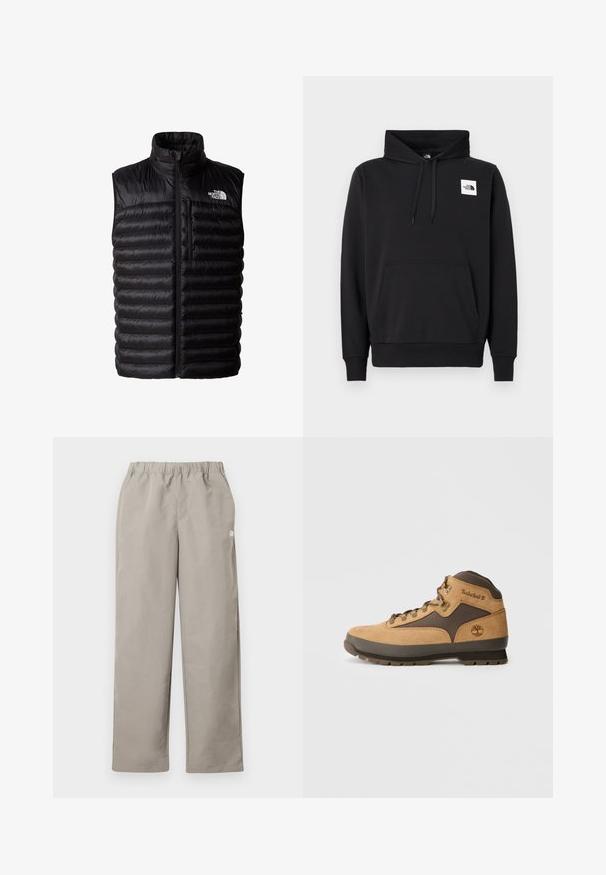 Sort puffy vest med høj krave, fuld længde lynlås og lynlåslomme på brystet. Har quiltet mønster og The North Face logo.; Sort pullover-hoodie lavet af en bomuldsblanding, med en forlommekangaroo, snørre i hætten og et lille hvidt logo på brystet.; Beige bukser med lige ben, elastisk talje og en lille hvid logo på højre sidesøm.; Brune ruskind vandrestøvle med mørkebrune accenter, metaløjer og sål med godt greb. Timberland-logo præget på siden. Mellemhøj design.