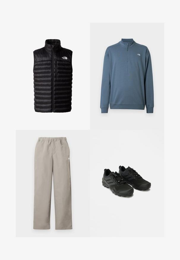 Schwarze Daunenweste mit hohem Kragen, durchgehendem Reißverschluss und Brusttasche mit Reißverschluss. Enthält ein gestepptes Muster und das Logo von The North Face.; Blauer Langarm-Quarter-Zip-Pullover mit Stehkragen und kleinem weißen The North Face-Logo auf der linken Brust.; Beige gerade geschnittene Hose mit elastischem Bund und kleinem weißem Logo an der rechten Seitennaht.; Schwarze Sportschuhe mit strukturiertem Obermaterial, strapazierfähiger Gummisohle und dezenten reflektierenden Akzenten; verfügen über ein Schnürsystem für einen sicheren Halt.