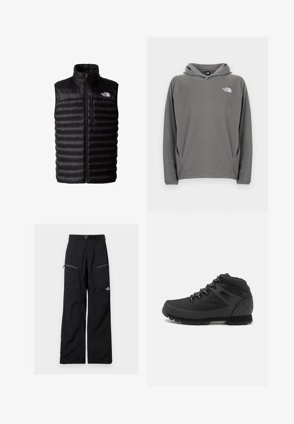 Schwarze Daunenweste mit hohem Kragen, durchgehendem Reißverschluss und Brusttasche mit Reißverschluss. Enthält ein gestepptes Muster und das Logo von The North Face.; Grauer Fleece-Kapuzenpullover mit Fronttasche, verstellbarem Kordelzug an der Kapuze und kleinem weißem Logo auf der linken Brustseite.; Schwarze Outdoor-Hose mit verstellbarem Gürtel, zwei Reißverschlusstaschen an den Oberschenkeln und The North Face-Logo am rechten Bein.; Schwarze Mid-Top-Wanderschuhe mit einem strukturierten Mesh-Obermaterial, verstärktem Fersenbereich und einer Gummisohle mit einem Profilmuster für Grip.