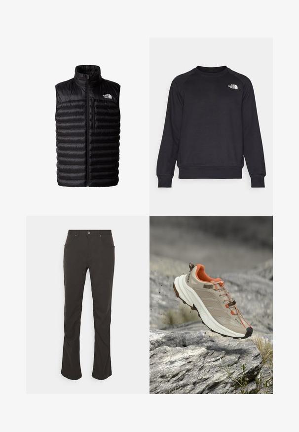 Chaleco negro acolchado con cuello alto, cremallera de longitud completa y bolsillo en el pecho con cremallera. Presenta un patrón acolchado y el logo de The North Face.; Sudadera negra con cuello redondo acanalado, mangas raglán largas y un pequeño logo blanco en el pecho izquierdo. Está hecha de una tela suave y duradera.; Pantalones negros de pierna recta con una textura de tela suave, bolsillos frontales y cierre de botón plateado. Diseño simple y líneas limpias.; Zapato de senderismo beige y naranja con suela gruesa, etiqueta GORE-TEX y marca "TERREX", mostrado sobre terreno rocoso.