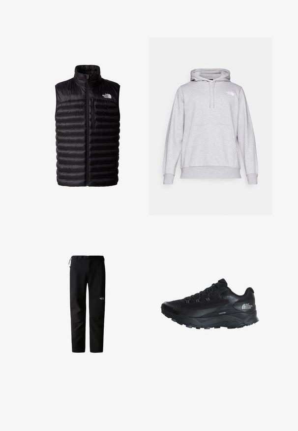 Chaleco negro acolchado con cuello alto, cremallera de longitud completa y bolsillo en el pecho con cremallera. Presenta un patrón acolchado y el logo de The North Face.; Sudadera ligera gris claro hecha de material suave, con un bolsillo tipo canguro, capucha ajustable con cordón y un pequeño logotipo en el pecho.; Pantalones de exterior negros con un diseño elegante, fabricados en un tejido duradero y ligero. Cuentan con un cinturón, bolsillos laterales y un logotipo en el muslo.; Zapatilla deportiva negra con parte superior de malla transpirable, suela de goma, acentos texturizados y punta reforzada para mayor durabilidad.