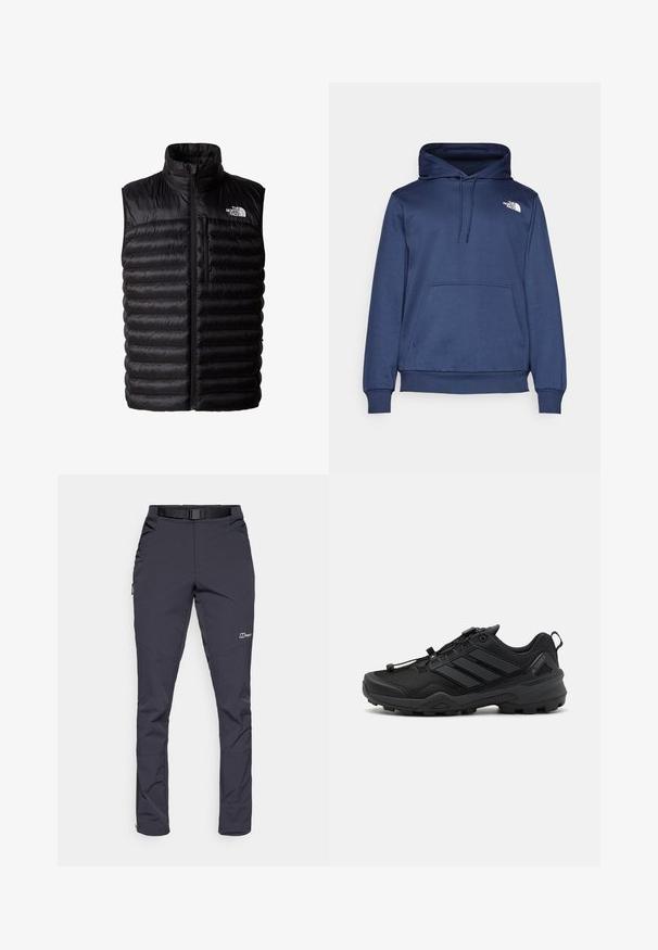 Sort puffy vest med høj krave, fuld længde lynlås og lynlåslomme på brystet. Har quiltet mønster og The North Face logo.; Marineblå hættetrøje lavet af blødt stof, med en forreste kængurulomme, justerbar snørehætte og et lille hvidt logo på brystet.; Vandtætte bukser i mørkegrå farve, lavet af slidstærkt stof. Funktioner inkluderer et bælte, sidelommer og lynlåsede ankler.; Sort atletisk sko med en tekstureret mesh-overdel, kontrasterende syntetiske accenter og en robust gummisål. Har et sikkert snøresystem og bageste loop.