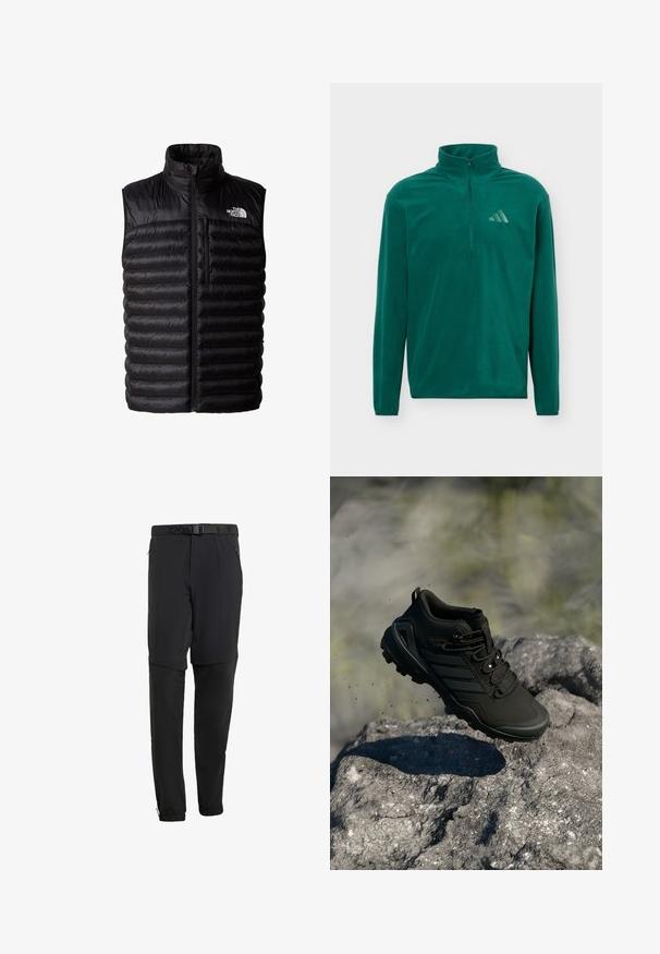 Sort puffy vest med høj krave, fuld længde lynlås og lynlåslomme på brystet. Har quiltet mønster og The North Face logo.; Tealgrøn fleecepullover med lange ærmer, kvart lynlås og Adidas-logo på venstre bryst, ensfarvet baggrund.; Sorte outdoorbukser med tekstureret stof, der har et justerbart bælte, sidelommer med lynlås og elastiske manchetter ved anklerne.; Sort trail løbesko med robust sål svævende over en klippete overflade, jordpartikler synlige i udendørs omgivelser.