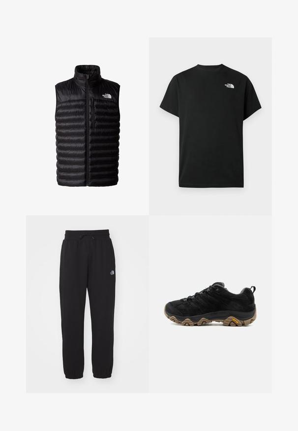 Schwarze Daunenweste mit hohem Kragen, durchgehendem Reißverschluss und Brusttasche mit Reißverschluss. Enthält ein gestepptes Muster und das Logo von The North Face.; Schwarzes kurzärmliges T-Shirt aus Baumwolle. Mit einem weißen Logo auf der linken Brust. Einfacher Schnitt mit rundem Ausschnitt und minimalen Designdetails.; Schwarze Jogginghose aus weichem Stoff, mit einem elastischen Bund und Kordelzug, Bündchen an den Knöcheln und einem kleinen Logo am Oberschenkel.; Schwarzer Wanderschuh mit robuster brauner Vibram-Sohle, Mesh- und Wildleder-Obermaterial, Schnürdesign und hinterer Zuglasche, von der Außenseite gezeigt.