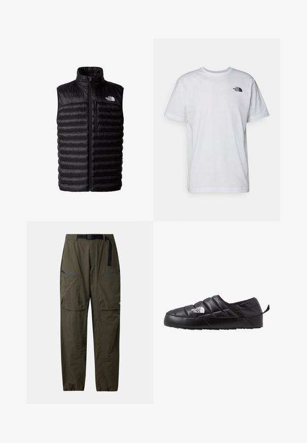 Chaleco negro acolchado con cuello alto, cremallera de longitud completa y bolsillo en el pecho con cremallera. Presenta un patrón acolchado y el logo de The North Face.; Camiseta de algodón blanca con mangas cortas y cuello redondo. Presenta un pequeño logo negro en la parte izquierda del pecho. Diseño y textura simples.; Pantalones exteriores ligeros de color verde oliva con bolsillos delanteros con cremallera y cinturón negro ajustable integrado.; Zapato negro de tipo slip-on con un diseño acolchado, hecho de material acolchado. Presenta una suela de goma texturizada y una pequeña lengüeta en la parte trasera.