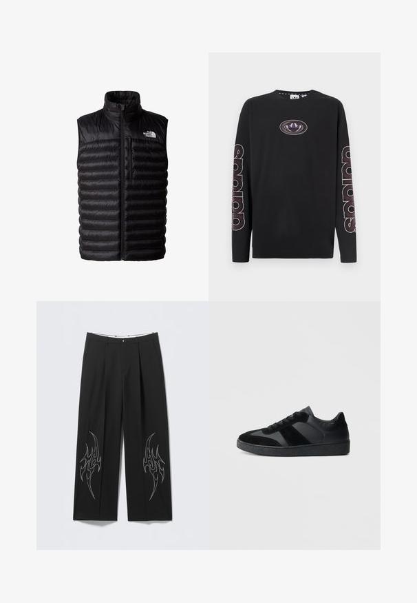 Chaleco negro acolchado con cuello alto, cremallera de longitud completa y bolsillo en el pecho con cremallera. Presenta un patrón acolchado y el logo de The North Face.; Camiseta negra de manga larga de algodón con un logo central y grandes gráficos de texto a lo largo de las mangas en colores contrastantes.; Pantalones negros de pierna ancha a medida con bordado plateado de llamas en la parte inferior de las piernas, con un diseño frontal plano y plisado.; Zapatillas negras que combinan cuero liso y ante, con una suela de goma negra texturizada y un sutil detalle de rayas.
