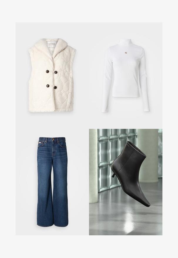 Gequiltete crèmekleurige gilet gemaakt van pluche materiaal met een reverskraag, twee donkere knopen en subtiele hartvormige patronen.; Witte turtleneck met lange mouwen, gemaakt van ribbelstof. Bevat een klein geborduurd logo in het midden. Aansluitend ontwerp zonder patronen.; Wijdvallende jeans van donkerblauwe denim. Kenmerken zijn een hoge taille, vijf zakken en contrasterende oranje stiksels langs de naden.; Zwarte leren enkellaars met puntige neus en lage hak, afgebeeld tegen een glazen blokkenmuur en gepolijste vloer op de achtergrond.