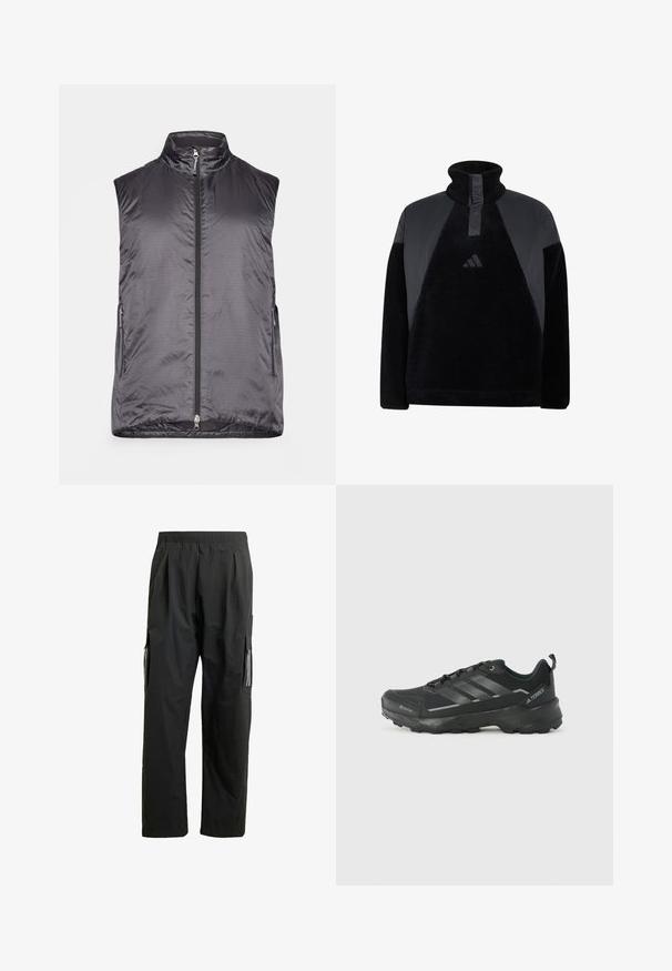Houdini VEST - Veste sans manches - true black; Pull en polaire noir avec col montant, demi-fermeture éclair, panneaux texturés aux épaules et petit logo Adidas sur la poitrine.; Pantalons cargo noirs avec une taille élastique, des poches latérales et des accents réfléchissants. Fabriqués en matériau léger et résistant à l'eau.; Chaussure de sport noire avec un dessus en tissu texturé, trois rayures argentées, un orteil renforcé et une semelle en caoutchouc robuste pour une meilleure adhérence.