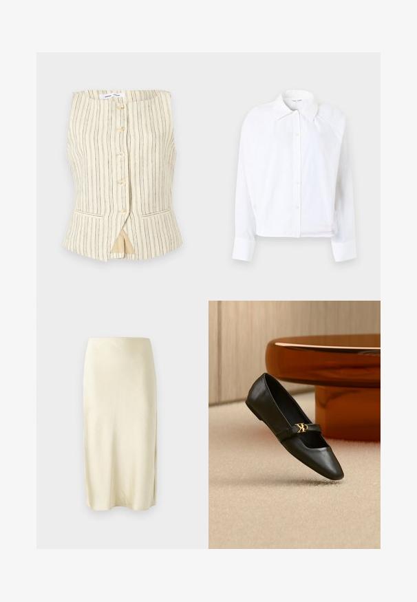 Veste sans manches beige à rayures verticales, fermeture boutonnée à l'avant, deux poches latérales et un ourlet légèrement évasé. Texture légère et respirante.; Chemise blanche à boutons avec col, manches longues et coupe courte. Fabriquée en tissu léger avec une texture subtile et des coutures latérales.; Jupe midi en satin jaune pâle avec une texture lisse, présentant une fente latérale et un design à coupe droite. Silhouette simple et élégante.; Chaussure plate en cuir noir avec bout pointu et logo CK doré sur la bride, posée sur un tapis beige près d'une table ronde couleur ambre brun.
