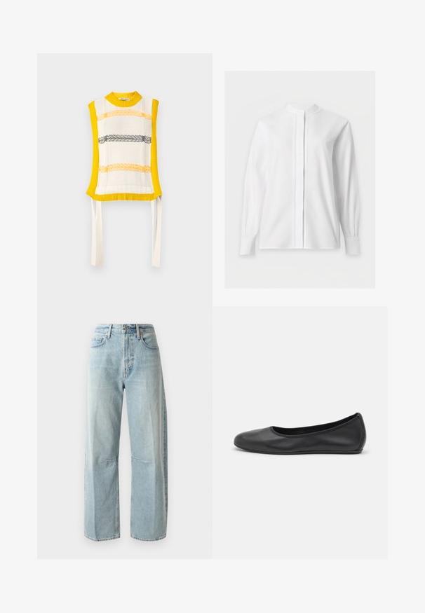 Henrik Vibskov NEW STITCH VEST - Weste - beige; Weiße langärmelige Bluse mit Mandarin-Kragen und verdeckter Knopfleiste, auf weißem Hintergrund dargestellt.; Helle blaue weit geschnittene Jeans aus Denim. Mit hoher Taille, zwei Vorderitaschen und geradem Bein, das leicht ausgewaschen ist.; Schwarze Leder-Ballettschuhe mit abgerundeter Spitze, glatter Textur, minimalen Nähdetails und einem flexiblen Sohlen-Design.