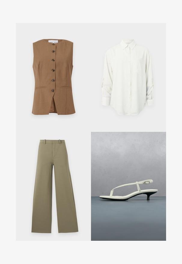 Gilet sans manches marron avec un col haut, six boutons foncés sur le devant et deux poches inclinées. Tissu lisse et texturé.; Chemise blanche à manches longues avec col, poche poitrine unique et manches retroussées. Tissu doux et lisse avec une coupe décontractée.; Pantalons larges en vert olive clair avec une texture lisse, dotés d'une fermeture éclair sur le devant, de passants de ceinture et de deux poches latérales.; Sandale blanche à talon kitten avec des lanières et un bout pointu, flottant au-dessus d'un sol en carrelage en bois en plein air avec un arrière-plan flou de plante et de mur.