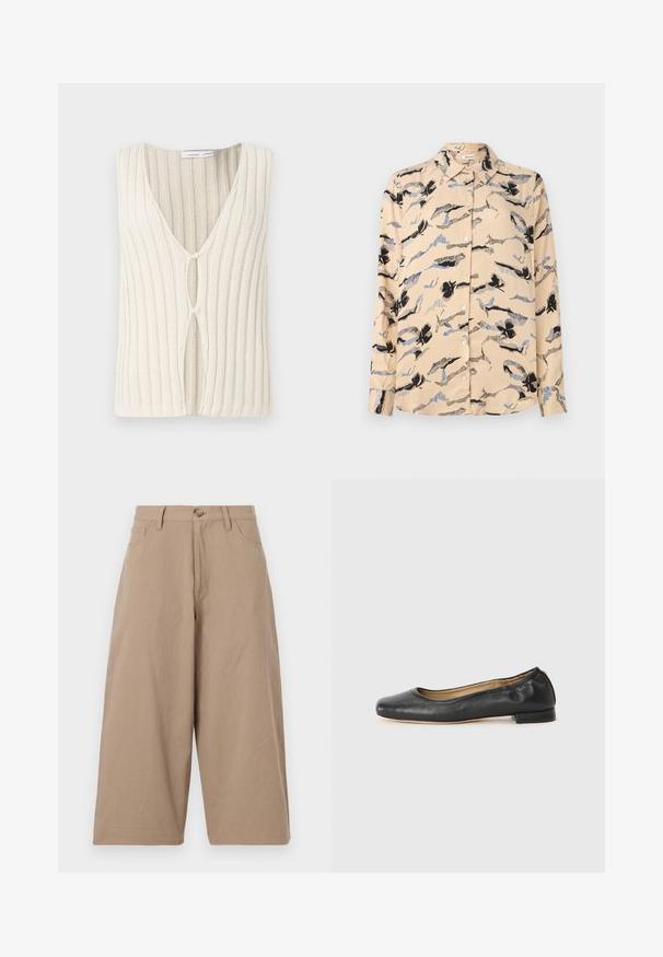 Gilet en tricot crème, avec un décolleté en V et une texture côtelée. Détail de découpe remarquable à l'avant qui ajoute de l'intérêt au design.; Chemise beige à manches longues avec un motif floral en noir et bleu. Elle possède un col pointu et des boutons sur le devant. Tissu à texture lisse.; Pantalons larges kaki en coton, dotés d'une taille haute, de poches frontales et d'une fermeture à bouton unique. Texture lisse et coupe droite.; Ballerines en cuir noir avec un bout arrondi et des coutures minimales. Talon bas et rectangulaire avec une texture lisse. Détails subtils de doublure intérieure.