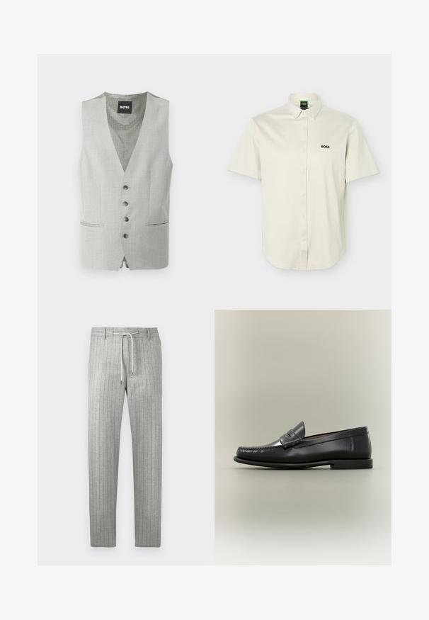 Gilet formel pour hommes gris clair avec quatre boutons, deux poches avant et une doublure intérieure à motifs étiquetée "BOSS".; Chemise blanche à manches courtes avec boutons-pression, col boutonné, logo "BOSS" noir sur la poitrine, et étiquette verte à l'intérieur du col.; Pantalon gris clair à rayures avec une coupe droite, une taille à cordon de serrage et un tissu subtilement texturé. Présente des fines rayures verticales pour plus de détails.; Mocassin pour homme en cuir noir avec un design moc-toe, une lanière à monnaie et un talon bas sur un fond neutre.