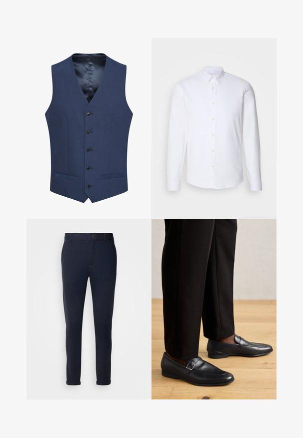 Chalecos azul marino hechos de tejido texturizado, con un cierre frontal de cinco botones y dos bolsillos laterales. Forrados con un interior suave y estampado.; Camisa blanca de manga larga y botonadura, hecha de una tela suave, con un cuello clásico, ocho botones en el frente y puños estándar.; Pantalones azul marino de tejido suave, con cierre de botón, lazos para cinturón y puños enrollados. Textura suave con diseño a medida.; Mocasines de cuero negro con una textura suave, que cuentan con una hebilla decorativa, combinados con pantalones negros a medida sobre un suelo de madera.