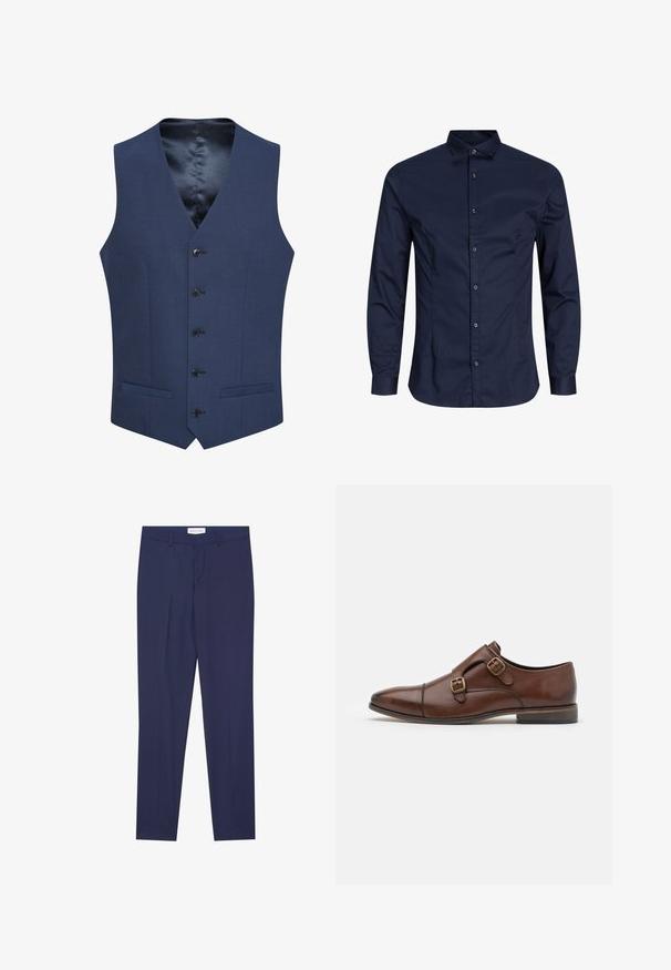 Gilets bleu marine en tissu texturé, avec une fermeture à cinq boutons à l'avant et deux poches latérales. Doublés d'une intérieure lisse et à motifs.; Chemise à manches longues bleu marine, en coton, col classique, fermeture à boutons sur le devant, texture lisse, sans motifs ni accents visibles.; Pantalons de costume navy en tissu lisse, dotés d'un devant plat, de deux poches latérales, d'une fermeture éclair et d'un ourlet net sans motifs ni accents.; Chaussure en cuir brun au design élégant, dotée de deux boucles en acier doré, d'un bout pointu et d'un petit talon empilé.