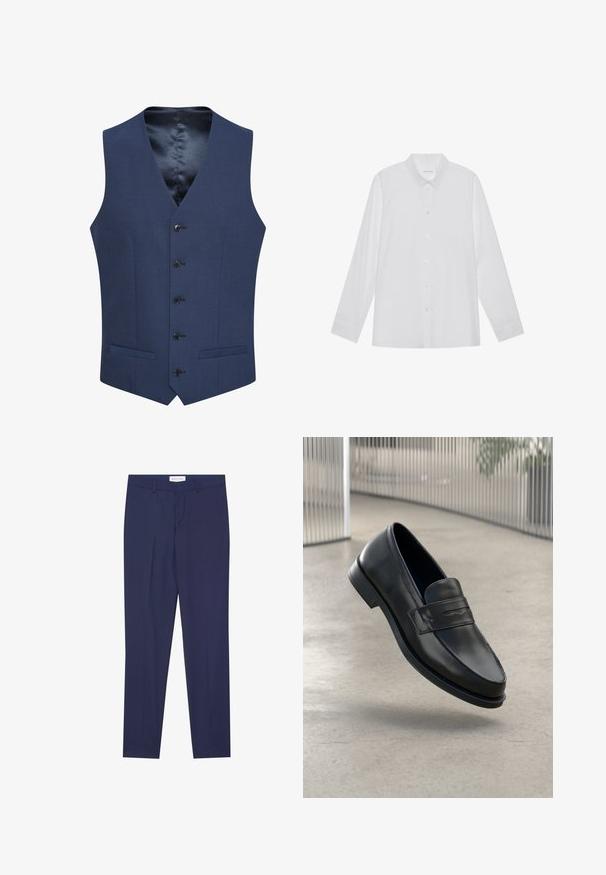 Chalecos azul marino hechos de tejido texturizado, con un cierre frontal de cinco botones y dos bolsillos laterales. Forrados con un interior suave y estampado.; Camisa blanca de manga larga hecha de tela suave, con cuello puntiagudo, cierre frontal de botones y puños de un solo botón.; Pantalones de vestir de color navy, confeccionados en una tela suave, con un corte plano en la parte delantera, dos bolsillos laterales, cremallera y dobladillo limpio sin patrones ni acentos.; Mocasín de cuero negro con textura suave, punta puntiaguda y una correa decorativa a lo largo del empeine. Suela ligera, diseño minimalista.