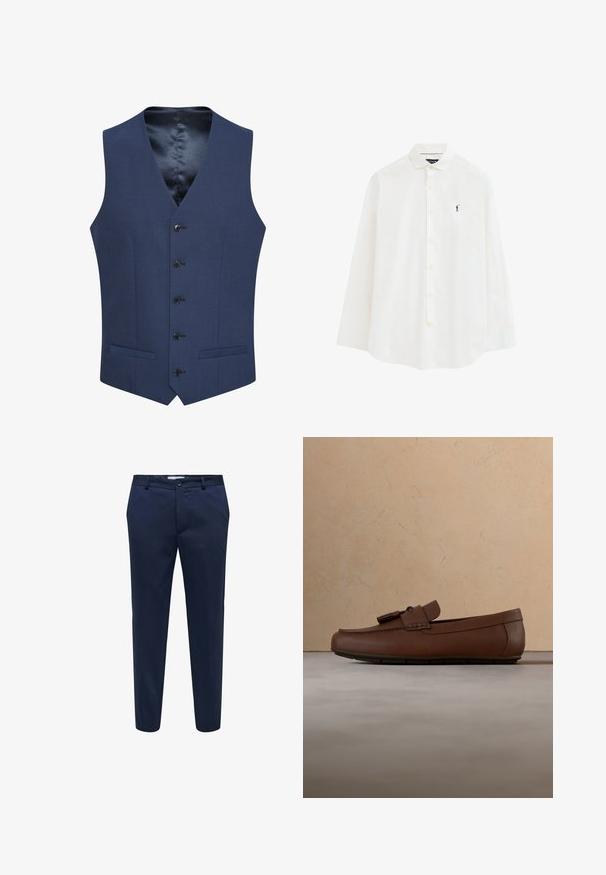 Marineblå veste lavet af tekstureret stof, med en fem-knaps frontlukning og to sidelommer. Foret med et glat, mønstret indre.; Hvid langærmet skjorte med knapper og en lille sort broderet golfspillerlogo på venstre bryst.; Mørkeblå bukser lavet af glat stof, med flad front, bæltesløjfer og knaplukning; skræddersyet pasform, ankellængde design.; Brun læderloafer med frynser, der hviler på et beige struktureret tæppe foran en lysebrun sofa.