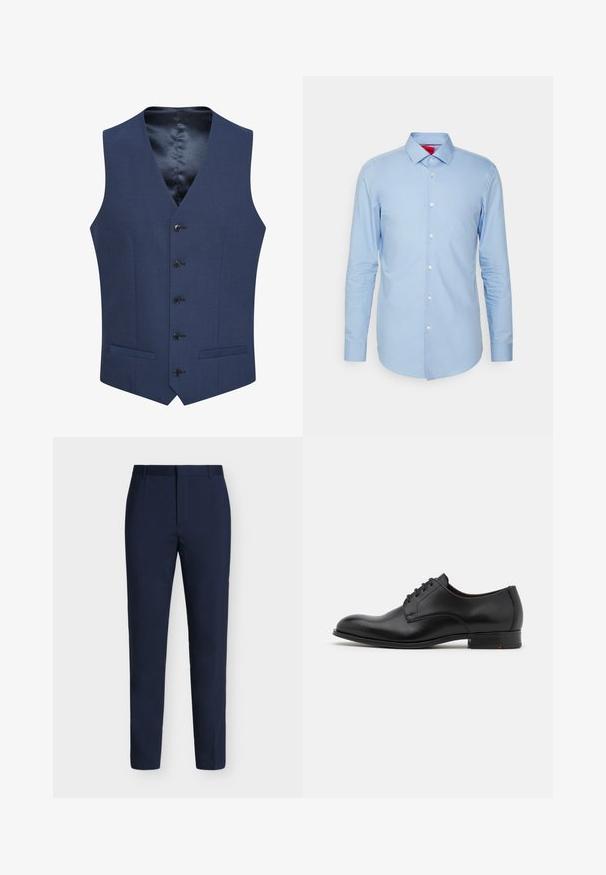 Chalecos azul marino hechos de tejido texturizado, con un cierre frontal de cinco botones y dos bolsillos laterales. Forrados con un interior suave y estampado.; Camisa de manga larga azul claro hecha de algodón. Presenta un cuello abotonado y una tapeta frontal con botones blancos. Textura suave, ajuste slim.; Pantalones formales azul marino con presillas para cinturón, cremallera frontal oculta y piernas rectas y ajustadas sobre un fondo claro.; Zapato de vestir de cuero negro con punta redonda, seis ojetes, acabado liso y un tacón bajo apilado. Presenta un sutil detalle de costura.