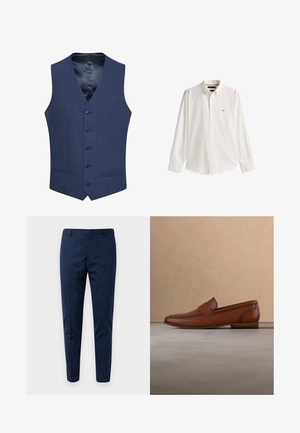 Marineblauwe vesten gemaakt van textuurstof, met een sluiting aan de voorkant van vijf knopen en twee zijzakken. Gevoerd met een gladde, met patroon bedrukte binnenkant.; Wit overhemd met lange mouwen, kraag en klein Tommy Hilfiger-logo op de linkerborst.; Marineblauwe slim-fit herenkledingbroek met riemlussen en frontale vouwen tegen een witte achtergrond.; Bruine leren loafer die boven een beige tapijt zweeft, met een onscherpe lichtbruine bank op de achtergrond.