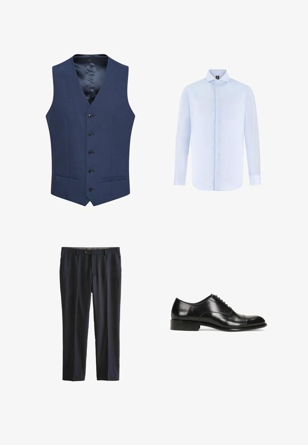 Chalecos azul marino hechos de tejido texturizado, con un cierre frontal de cinco botones y dos bolsillos laterales. Forrados con un interior suave y estampado.; Camisa de vestir azul claro para hombre, de manga larga, con patrón sutil, cierre de botones al frente, cuello abierto y puños con botones.; Pantalones azul marino oscuros hechos de tela suave, con cremallera frontal, cierre de botón y bolsillos laterales. Corte ajustado con piernas rectas.; Zapato de vestir de cuero negro con puntera redondeada, diseño de cordones, textura suave y tacón apilado. Presenta acentos de costura mínimos.