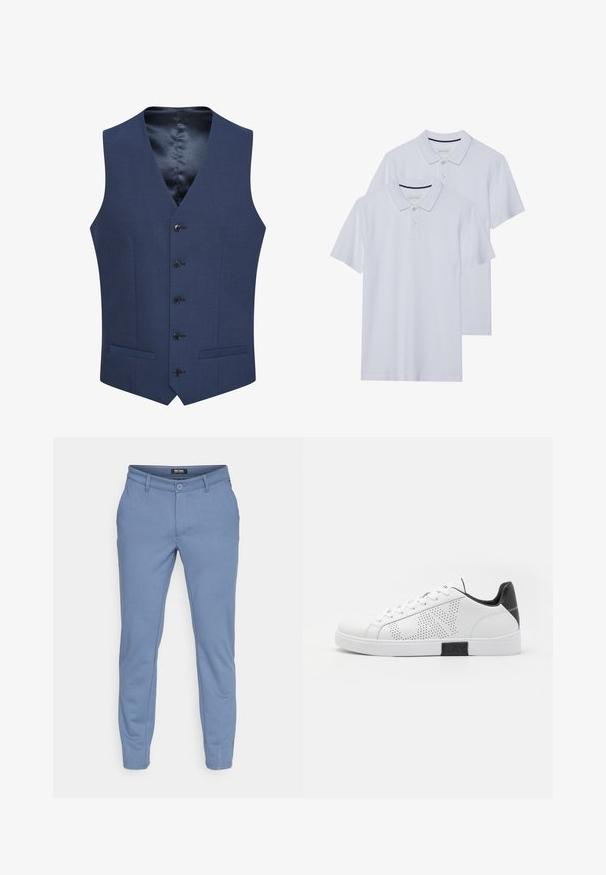 Chalecos azul marino hechos de tejido texturizado, con un cierre frontal de cinco botones y dos bolsillos laterales. Forrados con un interior suave y estampado.; Dos camisetas polo blancas con un cuello clásico, tapeta de botones y mangas cortas, hechas de una suave tela de algodón.; Pantalones ajustados de color azul claro, hechos de una tela suave con una textura lisa. Cuenta con un botón en la parte delantera, bolsillos y un acabado con costuras.; Zapatilla blanca de cuero con diseño perforado, acento negro en el talón y entresuela. Cuenta con punta redonda y sistema de cordones con seis ojales.