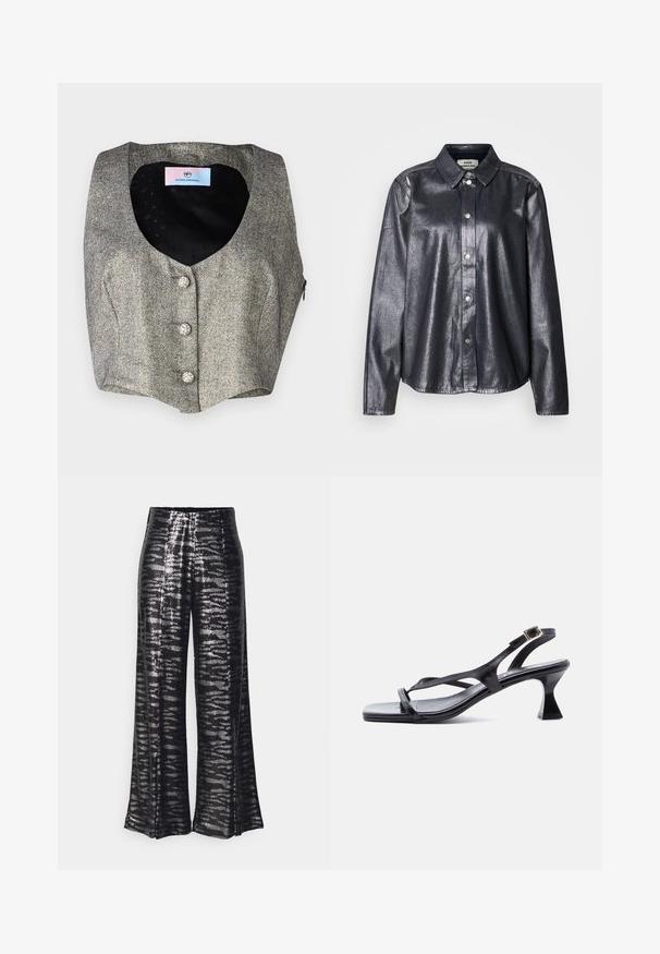 Mouwloos vest van grijs visgraatweefsel, met een diepe V-hals, drie decoratieve knopen en een gladde zwarte voering met een subtiel patroon.; Donker metallic shirt van gladde stof, met een knoopsluiting aan de voorkant, een klassieke kraag en lange mouwen met een relaxed fit.; Zwarte wijdneppants met een glanzende pailletten structuur en een golvend patroon. Hoog taille ontwerp, vloeiende silhouette en een soepele afwerking.; Zwarte lederen damessandaal met dunne riempjes, vierkante neus, verstelbare enkelgesp en uitgewerkte hak van gemiddelde hoogte.