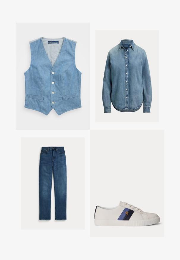 Lysblå denimvest med V-udskæring, fem knapper og to frontlommer. Glat tekstur med et enkelt design og uden ærmer.; Lyseblå denimskjorte med lange ærmer, knaplukning foran og klassisk krave. Har en buet kant og subtil tekstur.; Straight-leg blå denim jeans med fem lommer, knaplukning og subtil falmning på lår og knæ, lagt fladt på hvid baggrund.; Hvid lavtop sneaker med blå læderstriber og gyldent "RL"-logo på siden, hvide snørebånd og tekstureret gummisål.