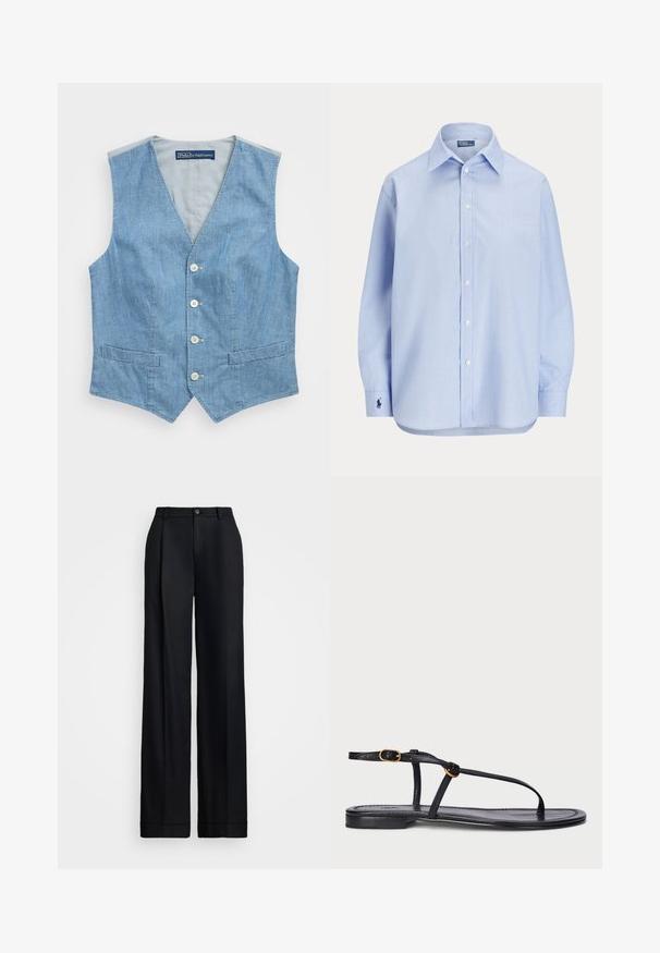 Lysblå denimvest med V-udskæring, fem knapper og to frontlommer. Glat tekstur med et enkelt design og uden ærmer.; Lyseblå langærmet skjorte med knapper, spids krave og lille broderet logo på venstre manchet.; Sorte brede bukser med en glat overflade, flad front, bæltesløjfer og en enkelt knaplukning i taljen.; Sort flad sandal med et minimalistisk design. Har tynde stropper, en tæerem, guldhardware og en glat, tekstureret sål.