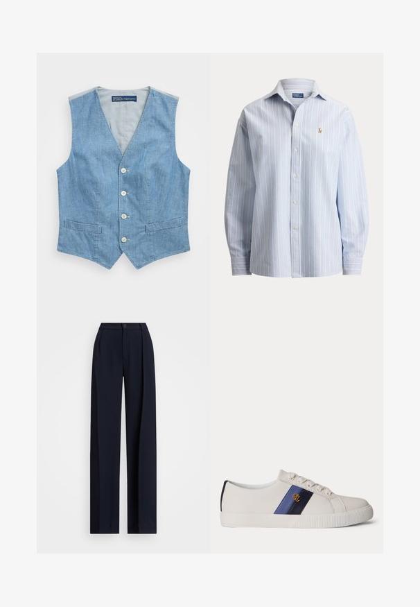 Lysblå denimvest med V-udskæring, fem knapper og to frontlommer. Glat tekstur med et enkelt design og uden ærmer.; Lyseblå skjorte med lange ærmer og knapper, med tynde hvide lodrette striber og et lille broderet hestelogo på venstre bryst.; Mørkeblå brede bukser med folder, knappelukning og en glat stofstruktur. Designet til en løs og komfortabel pasform.; Hvid lavtop sneaker med blå læderstriber og gyldent "RL"-logo på siden, hvide snørebånd og tekstureret gummisål.