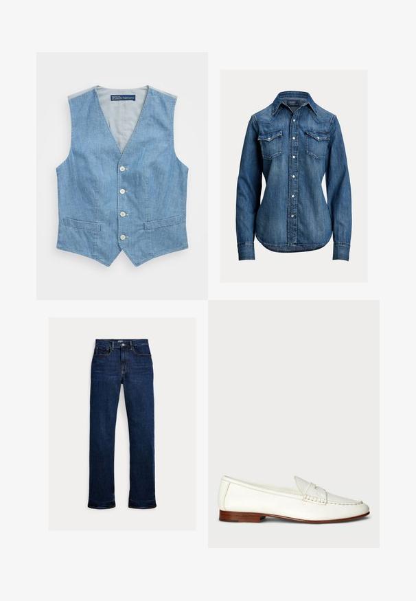 Lysblå denimvest med V-udskæring, fem knapper og to frontlommer. Glat tekstur med et enkelt design og uden ærmer.; Langærmet blå denimskjorte med perleknapper, to brystlommer med klap og spids krave fra Polo Ralph Lauren.; Mørkeblå straight-leg jeans med frontknap og lynlås, fem-lomme design og synlige syninger.; Hvide læder loafers med en struktureret overflade, rund tå og vævet detalje. Lavt træhæl og minimalistisk design.