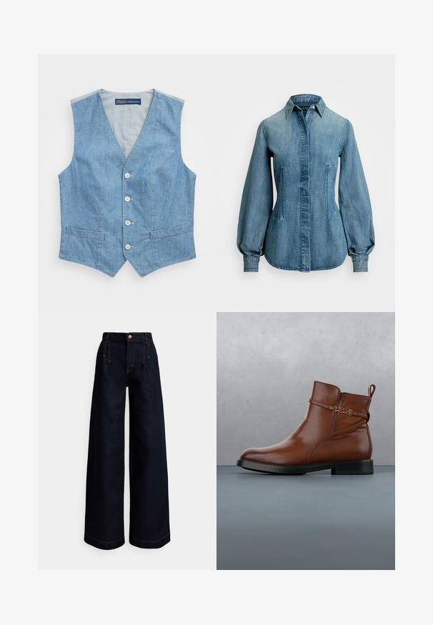 Lysblå denimvest med V-udskæring, fem knapper og to frontlommer. Glat tekstur med et enkelt design og uden ærmer.; Lys blå denimskjorte med spidse kraver, pufærmer og sidelommer. Har knaplukning og en buet kant.; Mørkeblå jeans med vide ben, høj talje, forreste læg, kontrasterende orange syninger og knaplukning i taljen.; Brune læder ankelstøvle med en glat finish, en lille hæl og en guldaccent på siden. Placeret over mønstrede belægningssten.
