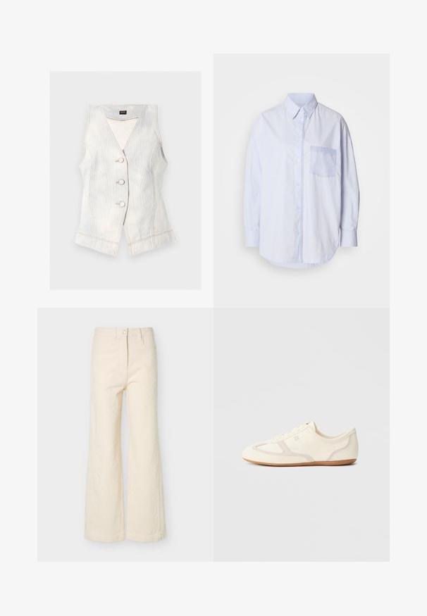 Gilet beige clair sans manches avec fines rayures verticales, trois boutons sur le devant, coupe ajustée et étiquette BOSS à l’intérieur du col.; Chemise bleu clair à boutons avec manches longues, col standard et poche poitrine gauche ornée d'un tissu accent plus clair bleu.; Pantalon crème taille haute à jambes larges avec bouton avant, fermeture éclair, passants pour ceinture, et détail subtil en tissu texturé.; Baskets couleur crème avec une tige en daim et tissu, un bout arrondi, et une semelle en caoutchouc avec un détail accent beige. Fermeture à lacets.