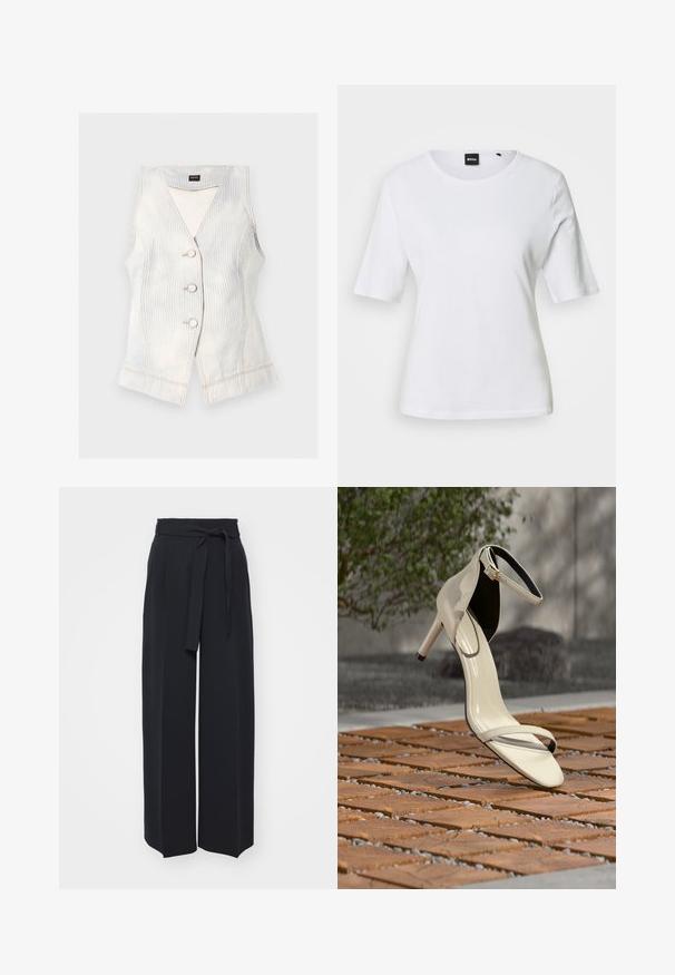 Gilet beige clair sans manches avec fines rayures verticales, trois boutons sur le devant, coupe ajustée et étiquette BOSS à l’intérieur du col.; T-shirt blanc à manches courtes avec col rond, coupe ajustée et petite étiquette noire BOSS au niveau de l'encolure.; Pantalons noirs à jambes larges en tissu doux. Dotés d'une taille ceinturée et de plis avant. Texture lisse avec un design épuré et contemporain.; Sandale beige à talons hauts avec bride à la cheville posée sur des lattes en bois en extérieur, avec un arrière-plan flou de verdure et de béton.