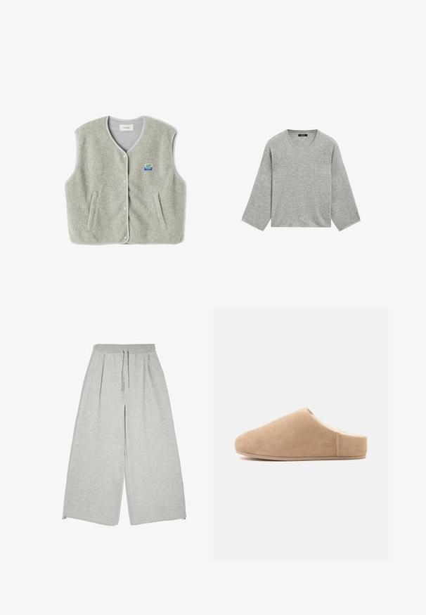 Grau gefütterte Weste mit Knopfverschluss, zwei seitlichen Taschen und einem kleinen farbenfrohen Markenlogo auf der linken Seite. Die Kanten haben einen kontrastierenden Saum.; Hellgrauer Strickpullover mit weiten Dreiviertelärmeln und rundem Halsausschnitt, auf weißem Hintergrund dargestellt.; Hellgraue weit geschnittene Hose mit elastischem Bund, Kordelzug, Seitentaschen und lockerem, entspanntem Sitz.; Beiger Wildleder-Slipper mit weichem Futter und flacher Sohle, geschlossener Zehenpartie, offenem Fersenbereich und dezentem "UGG" Logo an der Seite.