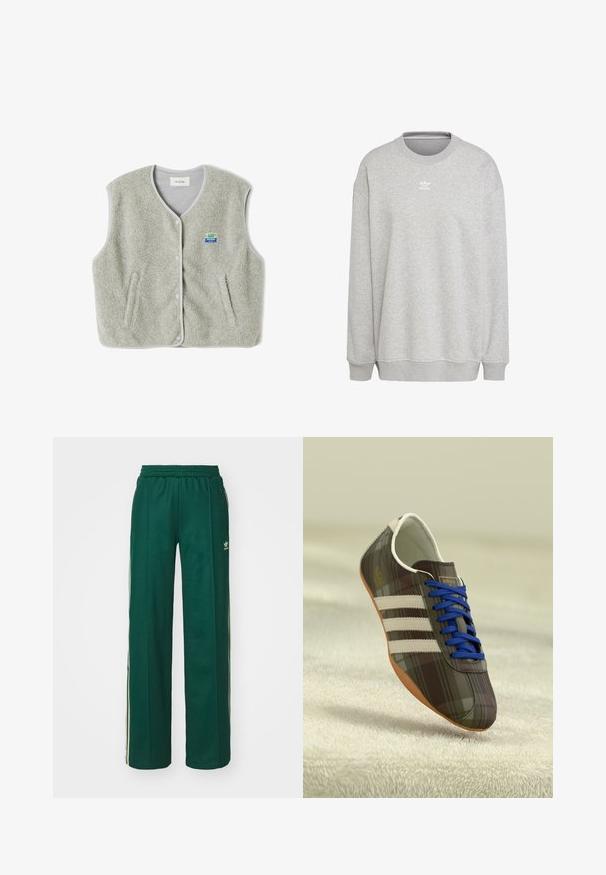 Grå fleece vest med knaplukning, to sidelommer og et lille farverigt brandlogo på venstre side. Kanterne har kontrastfarvet trim.; Grå sweatshirt lavet af blødt stof, med rund hals, lange ærmer, ribbede manchetter og kant, samt et lille hvidt logo på forsiden.; Mørkegrønne træningsbukser med en afslappet pasform, der har snor i taljen, sidelommer og cremefarvede striber langs siderne.; Brune ternede atletiske sko med blå snørebånd, tre hvide striber og en glat overflade, med en lysebrune gummisul.