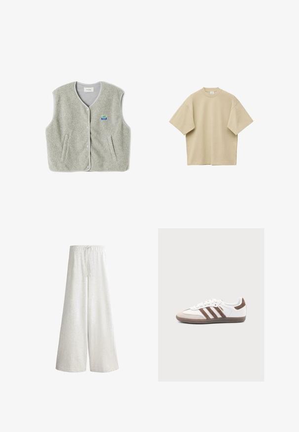 Grau gefütterte Weste mit Knopfverschluss, zwei seitlichen Taschen und einem kleinen farbenfrohen Markenlogo auf der linken Seite. Die Kanten haben einen kontrastierenden Saum.; Beiges, übergroßes T-Shirt mit kurzem Ärmel und Rundhalsausschnitt, flach liegend, mit sichtbaren Nähten an Ärmeln und Saum vor weißem Hintergrund.; Hellgraue, weit geschnittene Hosen mit elastischem Bund und Kordelzug, aus weichem Stoff, der sich für die Freizeitkleidung eignet.; Weißer Adidas Samba Sneaker mit braunen Veloursstreifen, brauner Velourspitze und Gummisohle auf hellgrauem Hintergrund.
