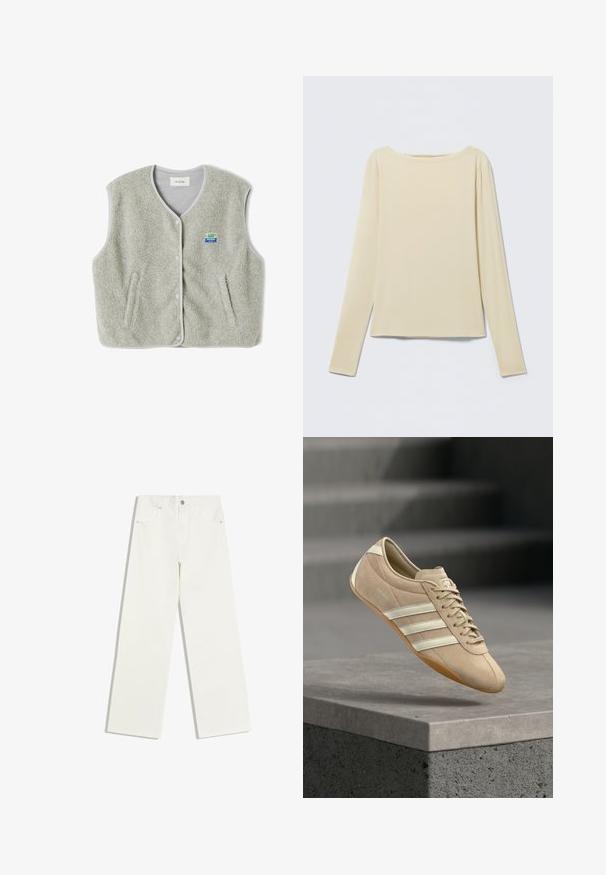 Grau gefütterte Weste mit Knopfverschluss, zwei seitlichen Taschen und einem kleinen farbenfrohen Markenlogo auf der linken Seite. Die Kanten haben einen kontrastierenden Saum.; Beige langärmeliges, figurbetontes Oberteil mit U-Boot-Ausschnitt, flach auf hellem Hintergrund liegend präsentiert.; Weiße Jeans mit hohem Bund und geradem Bein, mit Vordertaschen und Knopfverschluss auf weißem Hintergrund.; Hellbeige Sneaker mit drei weißen horizontalen Streifen, Obermaterial aus Wildleder und einer Gummisohle, mit einem Logo an der Seite.