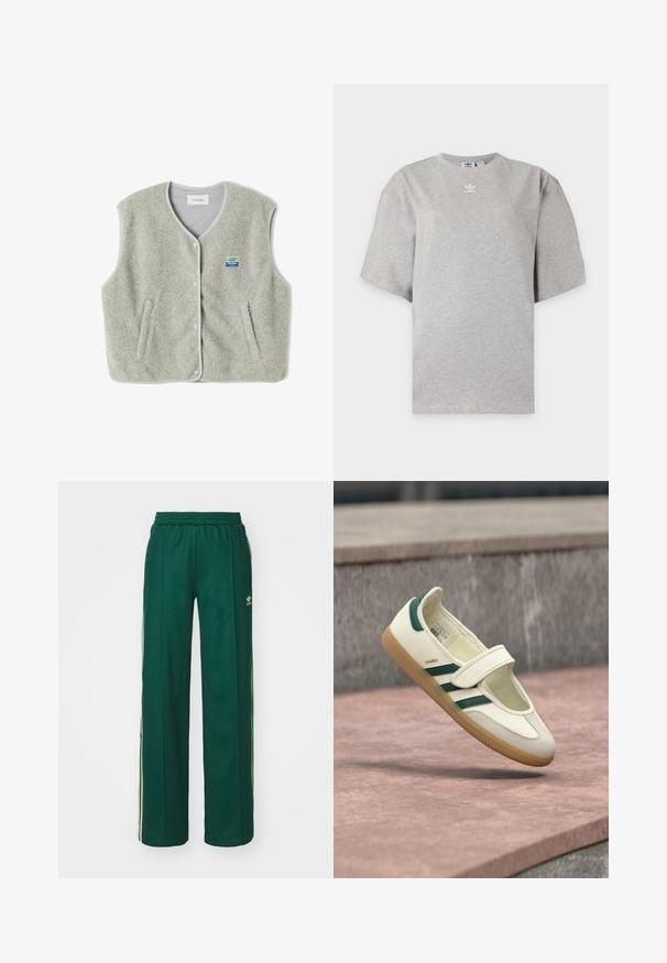 Hallide hall, kahe külje tasku ja vasakul küljel väikese värvilise brändi logoga. Servadel on vastandvärvi ääris.; Helehall Adidas lühikeste varrukatega t-särk, ümara kaelusega ja väikese valge Adidas logoga rinnal, esitatud lihtsal taustal.; Tumed roheline sportlikud püksid, mis on lõdvema lõikega, koos paelaga vöökohas, küljetaskute ja kreemjate triipudega külgedel.; Valge nahast king rohelistes triipudega, ümar nina, rihmaga kinnitatud. Kummist tallaga, minimalistliku disainiga, ülemistes servades esile tõstetud õmblused.