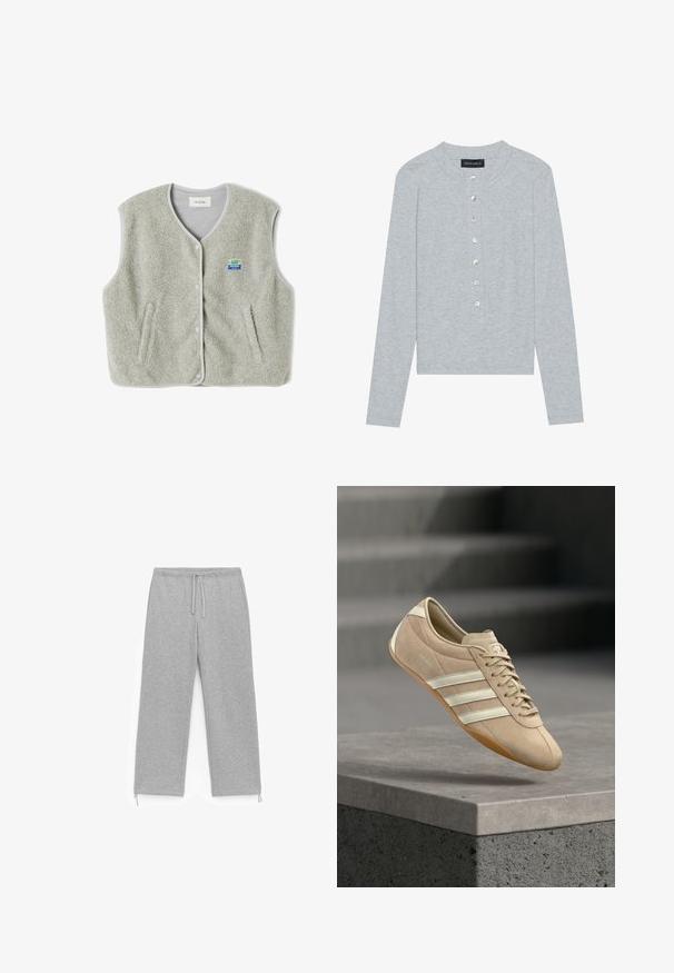 Grå fleece vest med knaplukning, to sidelommer og et lille farverigt brandlogo på venstre side. Kanterne har kontrastfarvet trim.; Grå cardigan med lange ærmer lavet af ribstrikket stof, med rund halsudskæring og seks frontknapper med en let glans.; Grå sweatpants lavet af blødt stof, med elastisk talje og snøring, lige ben og diskrete ankelbånd.; Lysebeige sneaker med tre hvide vandrette striber, overdel i ruskind og en gummisål, med en logo på siden.