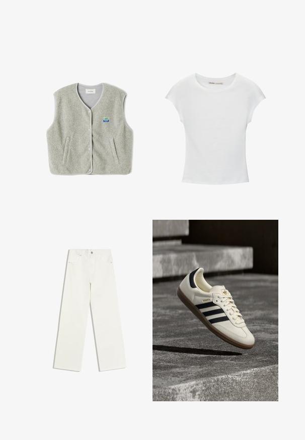 Grijze fleece vest met knopenfront, twee zijzakken en een klein kleurrijk merklogo aan de linkerkant. Randen hebben contrasterende afwerking.; Witte katoenen T-shirt met korte, opgerolde mouwen, een ronde halslijn en een rechte zoom. Gladde textuur zonder zichtbare patronen of accenten.; Witte jeans met hoge taille en rechte pijpen, met voorzakken en een knoopsluiting op een witte achtergrond.; Witte Adidas Samba sneaker met zwarte strepen en gumzool, zwevend boven gestructureerde grijze betonnen treden.