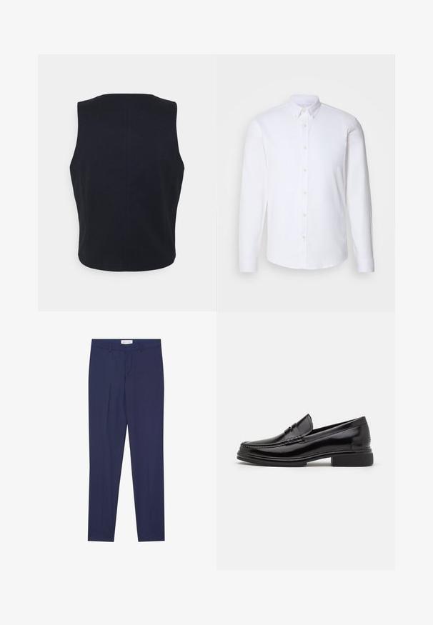 Mouwloze top, effen marineblauwe kleur, gemaakt van een zachte stof. Heeft een ronde halslijn en een strakke, minimalistische uitstraling zonder zichtbare hardware.; Witte langharige overhemd met knopen gemaakt van een gladde stof, met een klassieke kraag, acht knopen aan de voorkant en standaard manchetten.; Marineblauwe dresspants van gladde stof, met een flat front, twee zijzakken, een ritsgulp en een schone zoom zonder patronen of accenten.; Zwarte leren instappers met een afgeronde neus, voorzien van een gestikte detail over de wreef, en een lage blokhak. Glad textuur en glanzende afwerking.