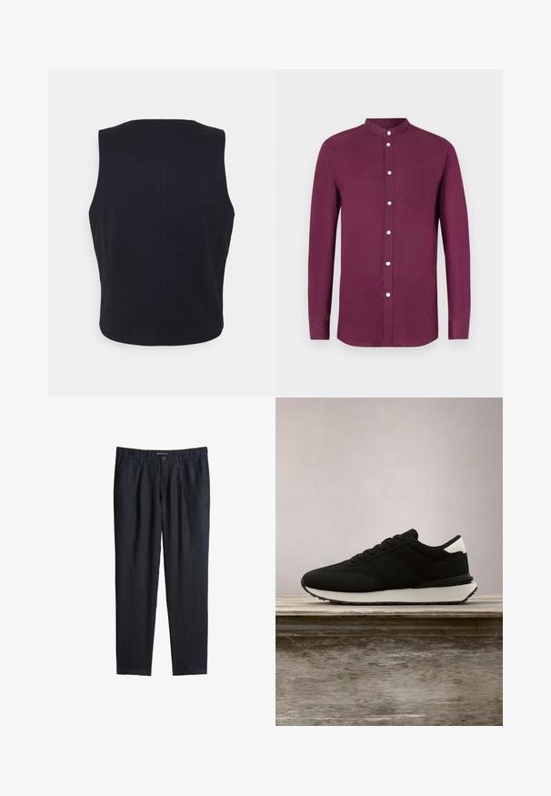 Top sin mangas, de color azul marino sólido, hecho de una tela suave. Presenta un escote redondeado y un diseño limpio y minimalista sin hardware visible.; Camisa de manga larga en burdeos intenso, con cuello mao, cierre frontal de botones, bolsillo en el pecho y textura suave de algodón.; Pantalones negros de corte recto con presillas para cinturón, cierre delantero con botón y cremallera, y bolsillos laterales, mostrados sobre un fondo blanco.; Zapatilla negra con suela blanca y detalle en el talón flota sobre un banco de madera, con hierba alta verde desenfocada en el fondo.